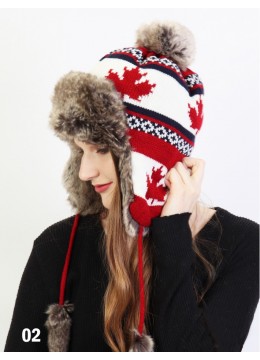 Warm Fur Maple Leaf Knitted Hat W/ Ear Flaps & Fur Tassels /Red